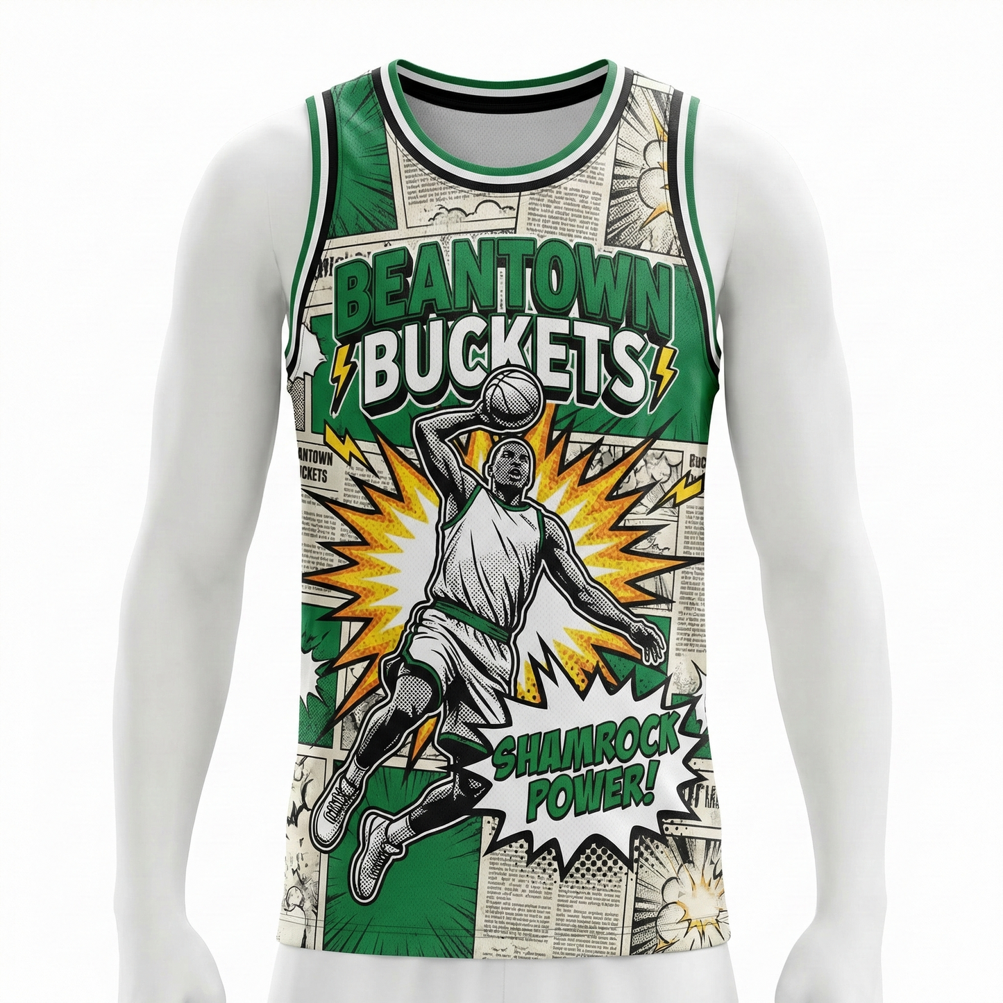 Vintage Beantown Hoops Comic Style AOP Basketball Jersey | Retro Shamrock City Streetwear Tank Top