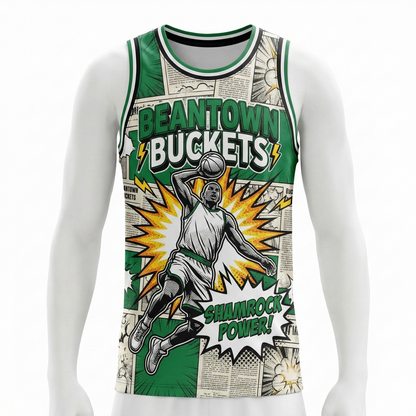 Vintage Beantown Hoops Comic Style AOP Basketball Jersey | Retro Shamrock City Streetwear Tank Top