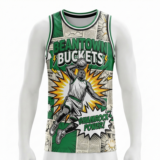 Vintage Beantown Hoops Comic Style AOP Basketball Jersey | Retro Shamrock City Streetwear Tank Top