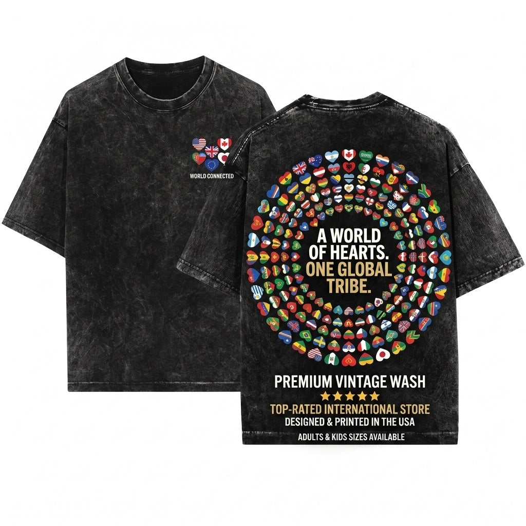 Heart Flags All Countries World International Unity Peace Cultural Pride Global Travel Gift Graphic Apparel Unisex Wash T-Shirt