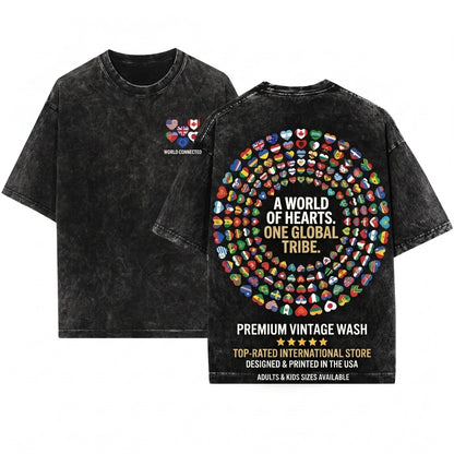 Heart Flags All Countries World International Unity Peace Cultural Pride Global Travel Gift Graphic Apparel Unisex Wash T-Shirt