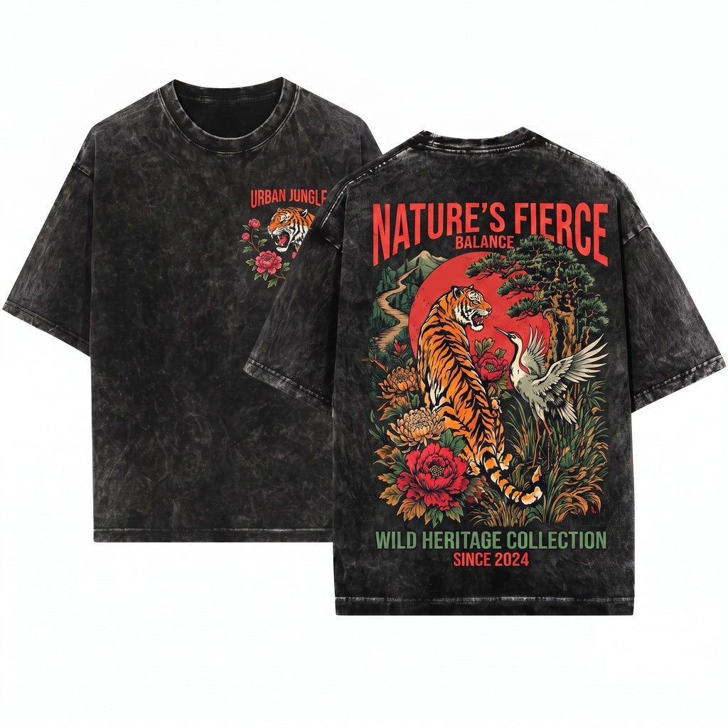 Retro Tiger Crane Japanese Wildlife Floral Vintage Asian Nature Style Animal Graphic Unisex Wash T-Shirt