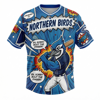 Toronto Blue Baseball Comic Style Button-Up Jersey - Satirical Northern Birds Fan Apparel - All-Over Print V-Neck Shirt