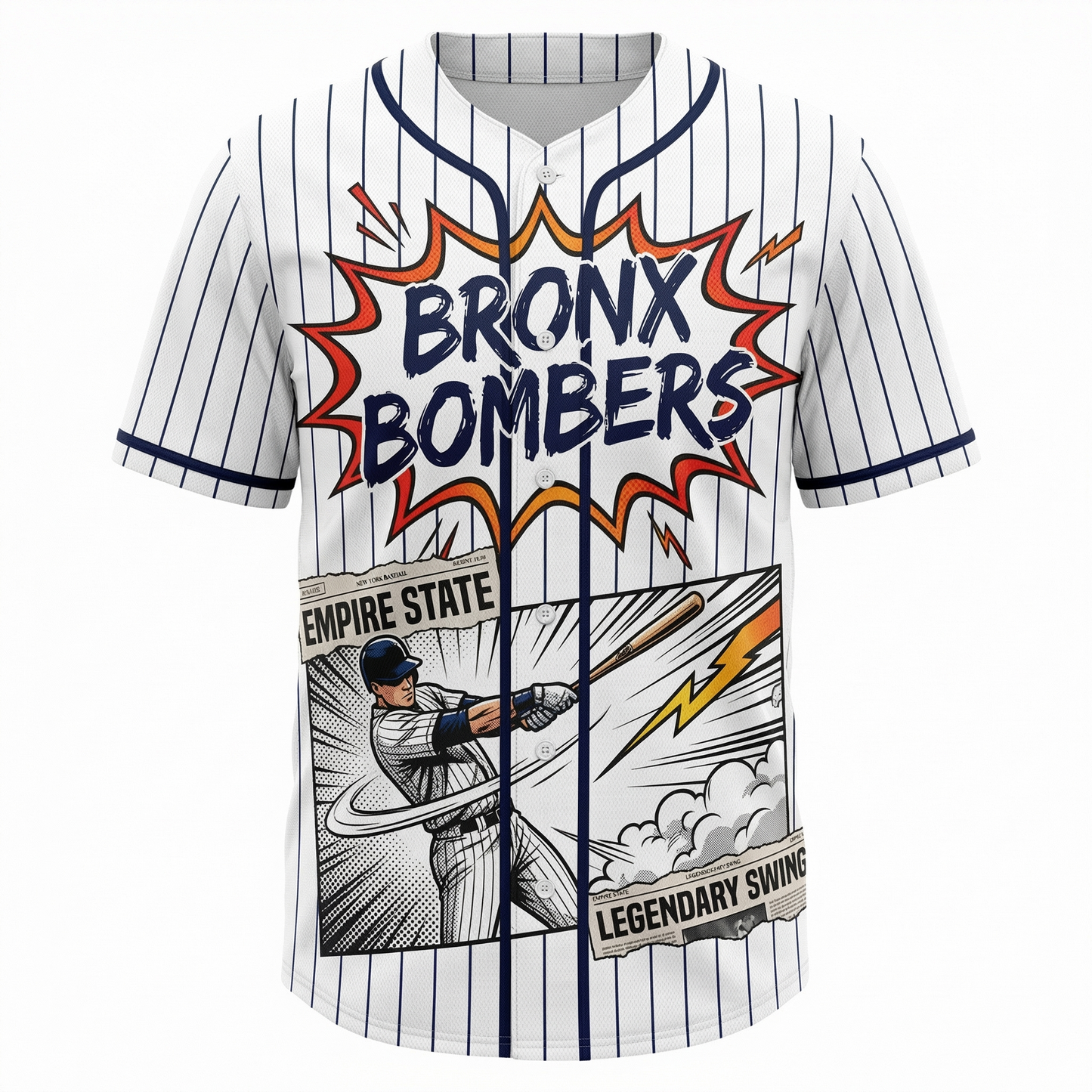 Unisex Bronx Baseball Heritage Comic Graphic Button-Up Jersey - Pinstripe Streetwear AOP