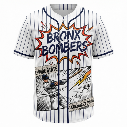 Unisex Bronx Baseball Heritage Comic Graphic Button-Up Jersey - Pinstripe Streetwear AOP