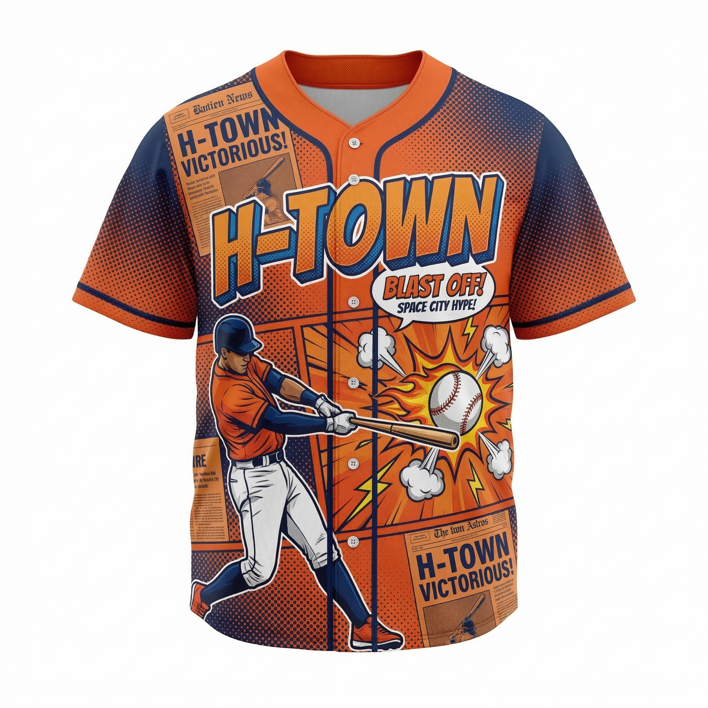 H-Town Space City Baseball Jersey Unisex | 90s Comic Bootleg Style All-Over Print Button-Up Shirt | Orange & Navy Graphic Baseball Apparel