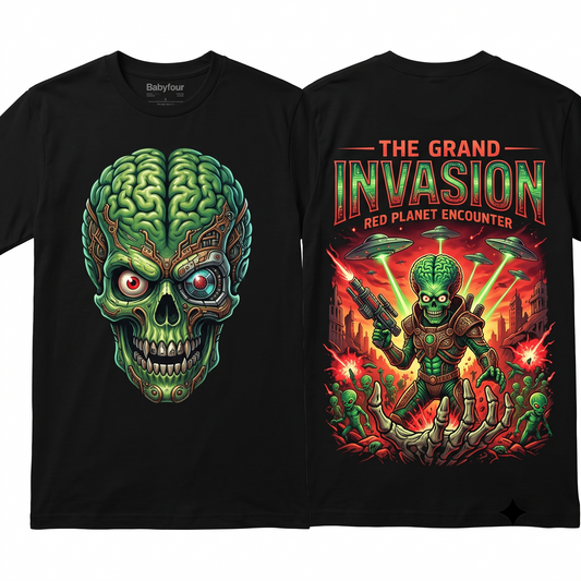 Vintage Alien Sci-Fi Cult Movie Graphic Tee - Retro Green Martian Rib Cage Laser Weapon Design - Unisex T-shirt