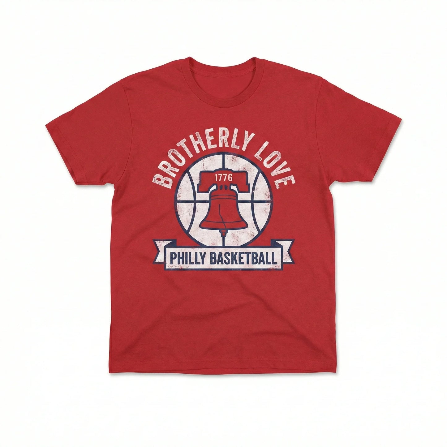 Red T-shirt with Liberty Bell, basketball graphic, and 'Brotherly Love Philly Basketball' text.