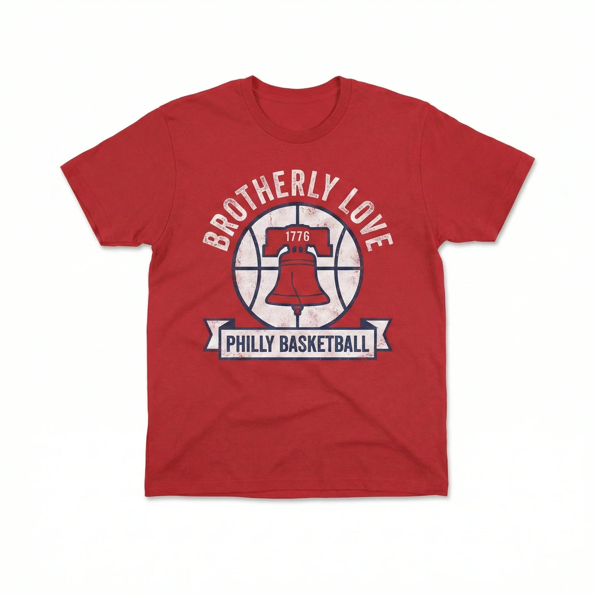 Red T-shirt with Liberty Bell, basketball graphic, and 'Brotherly Love Philly Basketball' text.