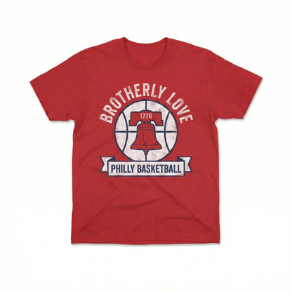 Red T-shirt with Liberty Bell, basketball graphic, and 'Brotherly Love Philly Basketball' text.