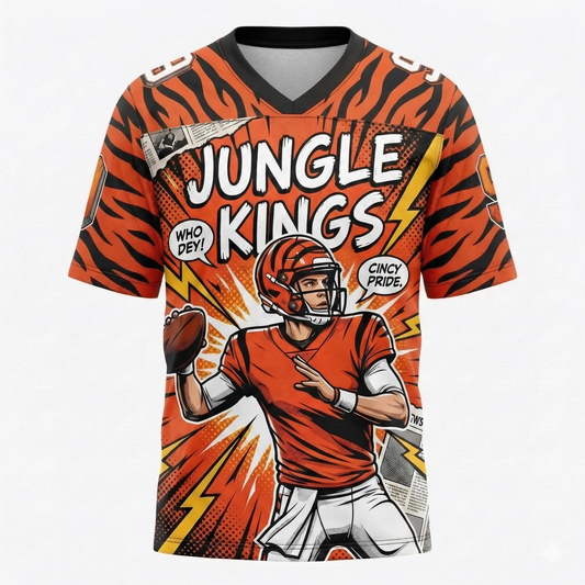 Premium Cincy Jungle Kings Graphic Football Jersey - 90s Comic Art Game Day Shirt - Orange & Black AOP