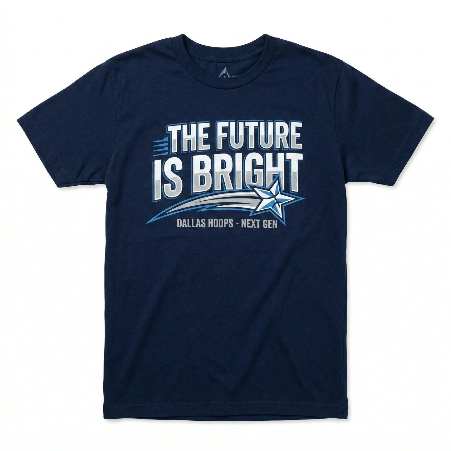 Navy blue t-shirt with 'The Future Is Bright' and Dallas Hoops Next Gen star graphic print.