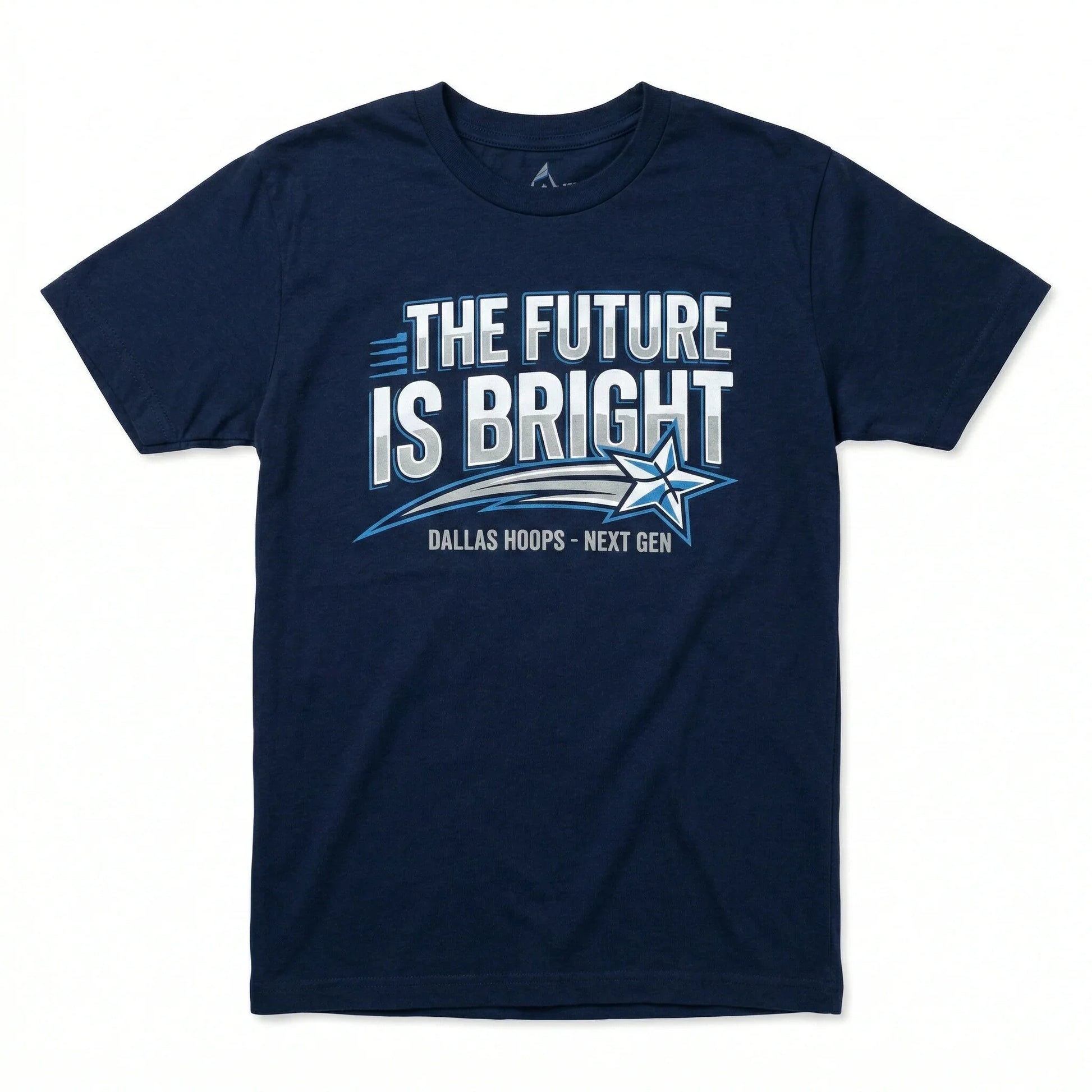 Navy blue t-shirt with 'The Future Is Bright' and Dallas Hoops Next Gen star graphic print.