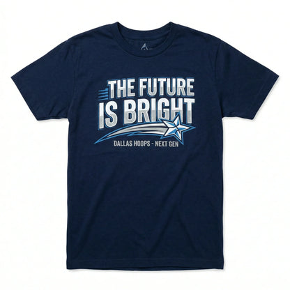 Navy blue t-shirt with 'The Future Is Bright' and Dallas Hoops Next Gen star graphic print.