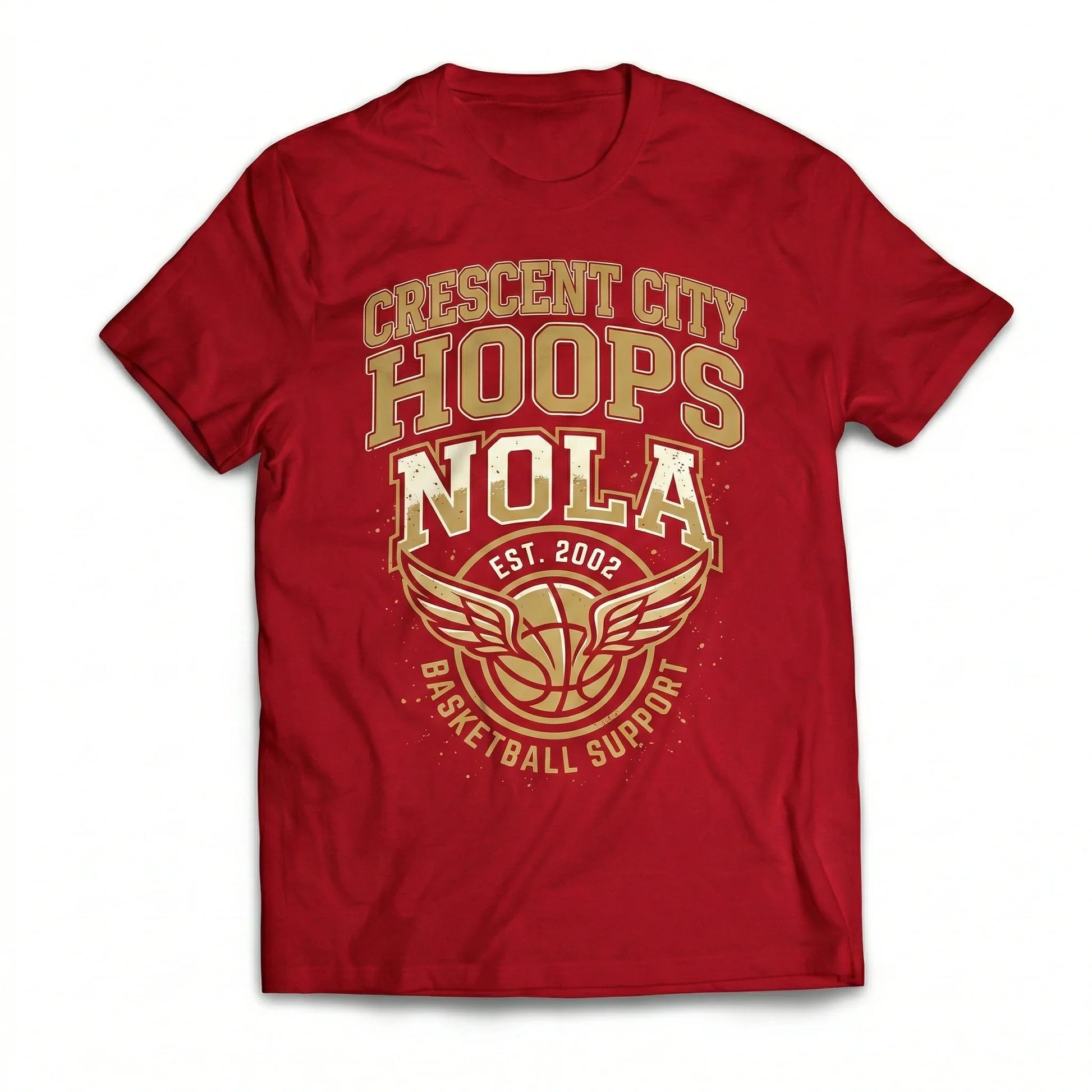 Red Crescent City Hoops NOLA basketball graphic t-shirt with gold winged logo