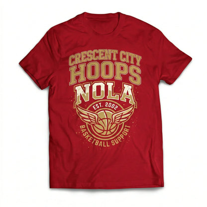 Red Crescent City Hoops NOLA basketball graphic t-shirt with gold winged logo