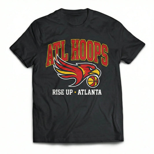 Black Atlanta basketball t-shirt with red hawk and basketball graphic, ATL Hoops text.
