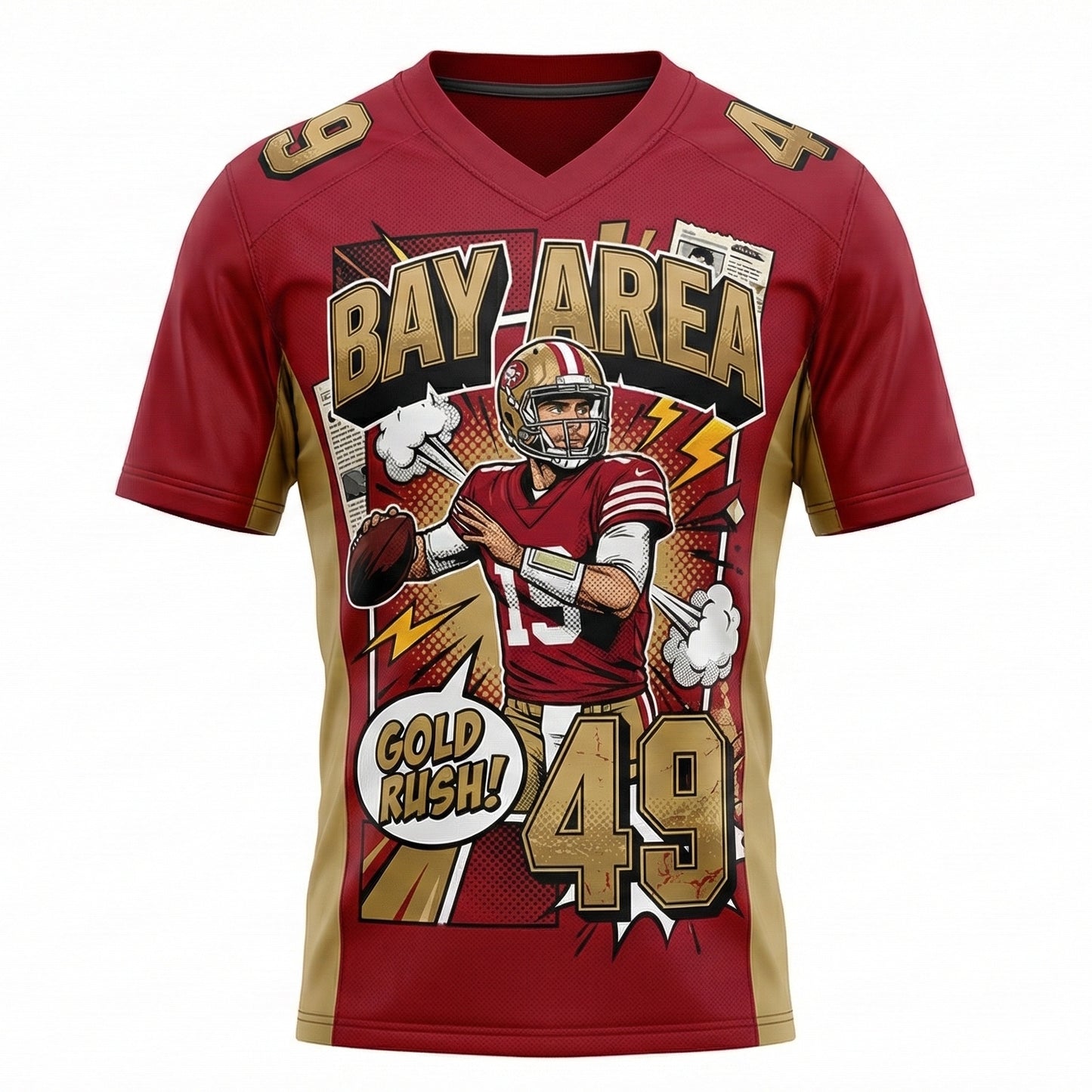 Unisex Bay Area Gold Rush Comic Style AOP Football Jersey - 90s Bootleg Gridiron Fan Gear Red & Gold