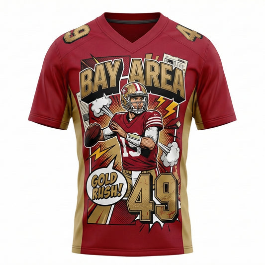Unisex Bay Area Gold Rush Comic Style AOP Football Jersey - 90s Bootleg Gridiron Fan Gear Red & Gold