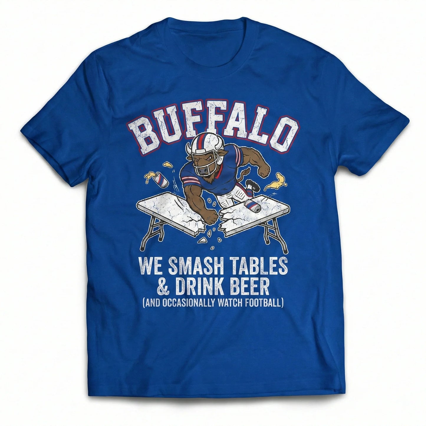 Blue Buffalo football fan t-shirt with cartoon mascot smashing table and fun slogan