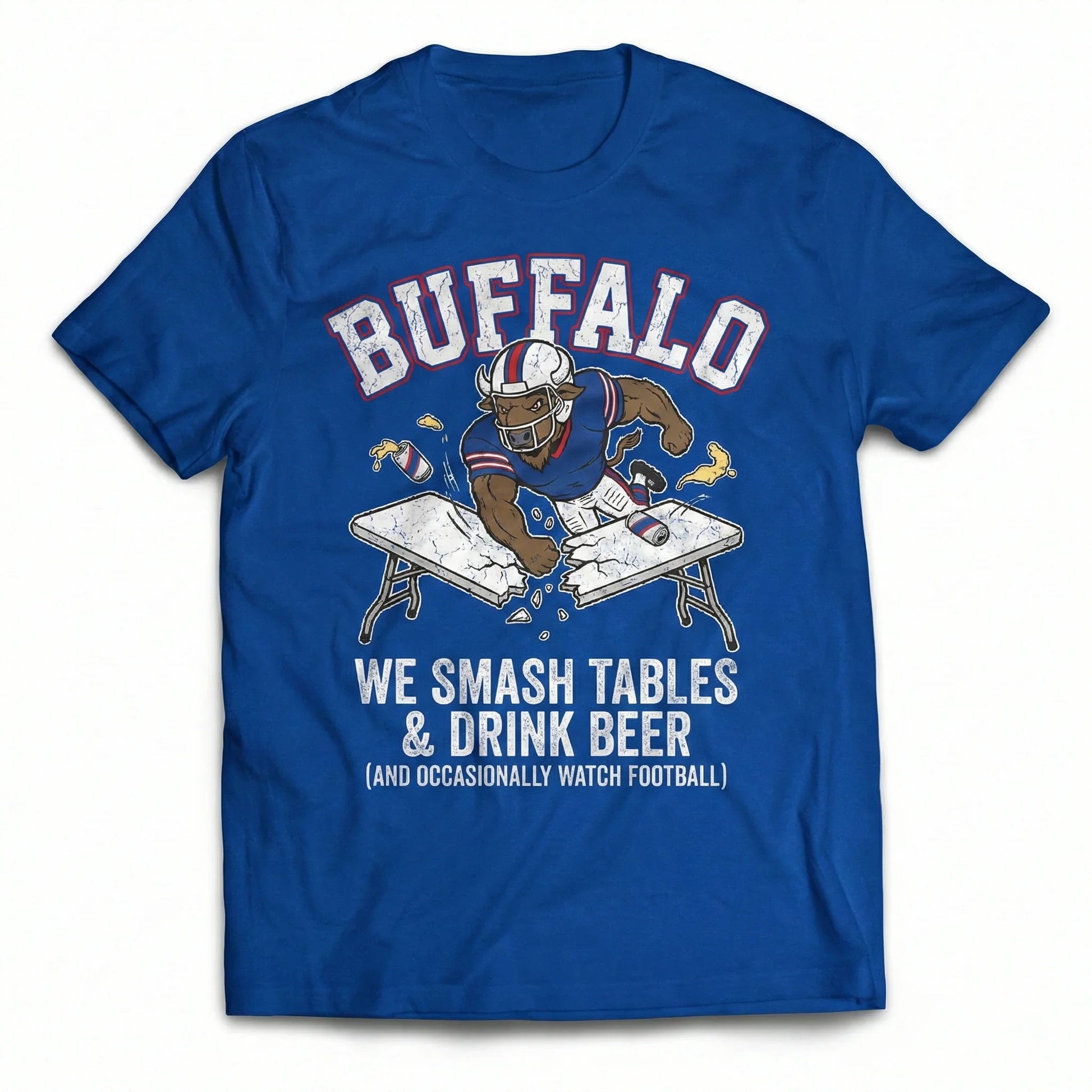 Blue Buffalo football fan t-shirt with cartoon mascot smashing table and fun slogan