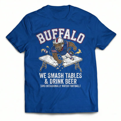 Blue Buffalo football fan t-shirt with cartoon mascot smashing table and fun slogan
