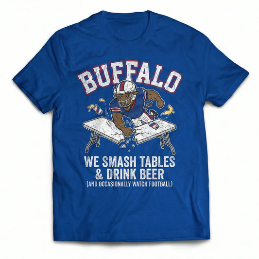 Blue Buffalo football fan t-shirt with cartoon mascot smashing table and fun slogan