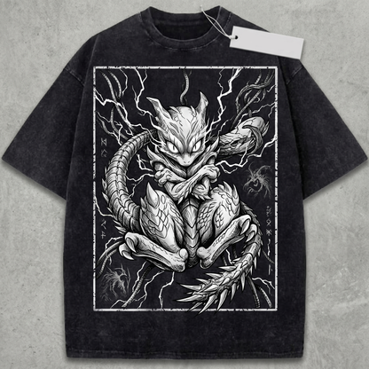 Psychic Mythical Cat Tangled Cable Graphic Vintage Washed Heavyweight Unisex T-Shirt