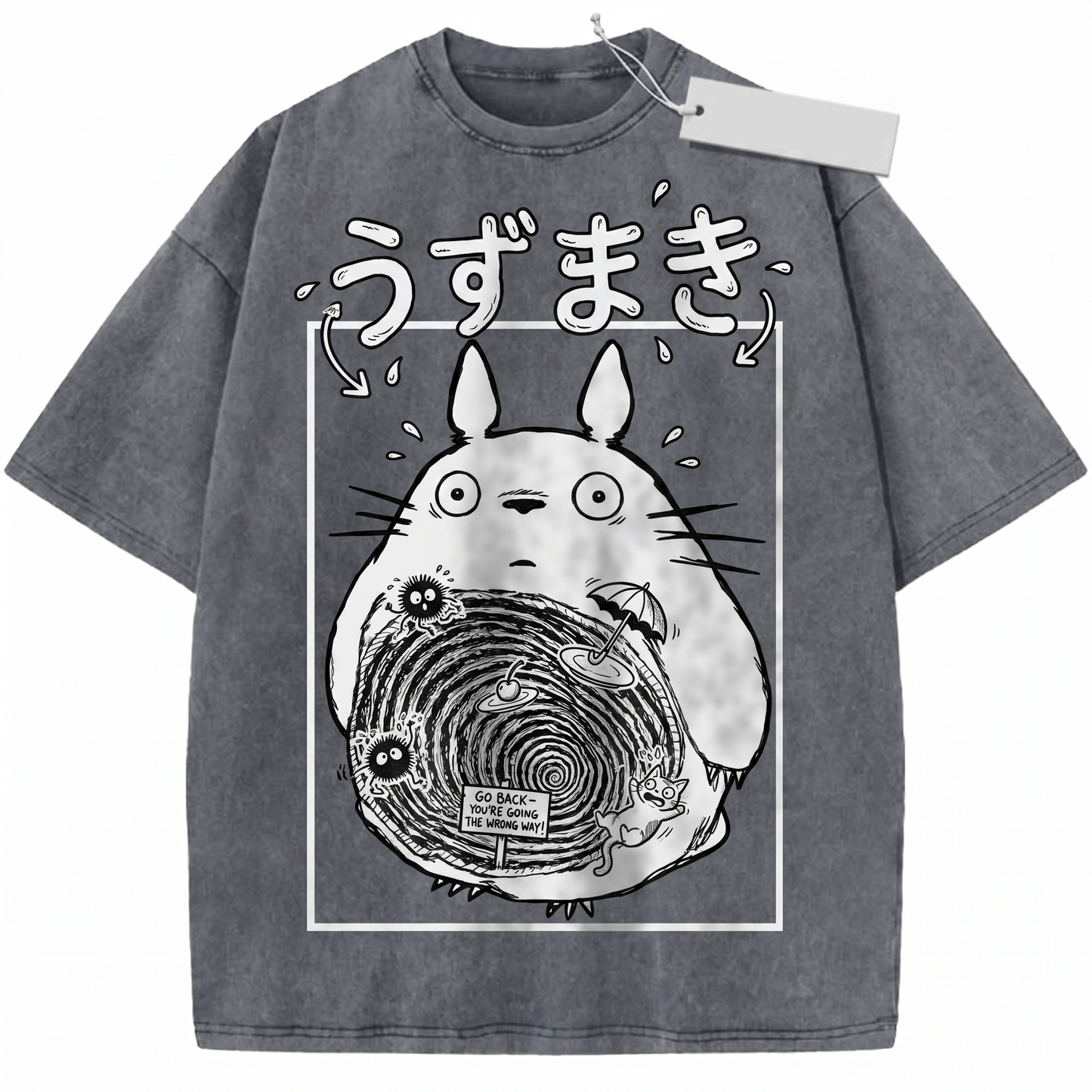 Vintage Dark Spiral Anime Monster Graphic Tee - Retro Whimsical Cute Cat Creature Unisex T-Shirt