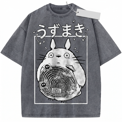 Vintage Dark Spiral Anime Monster Graphic Tee - Retro Whimsical Cute Cat Creature Unisex T-Shirt