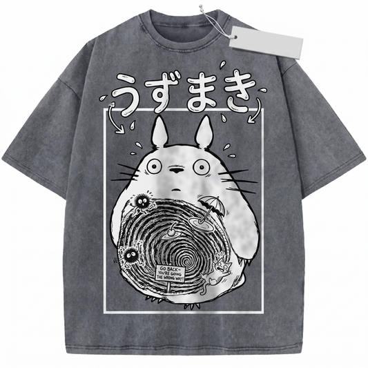 Vintage Dark Spiral Anime Monster Graphic Tee - Retro Whimsical Cute Cat Creature Unisex T-Shirt