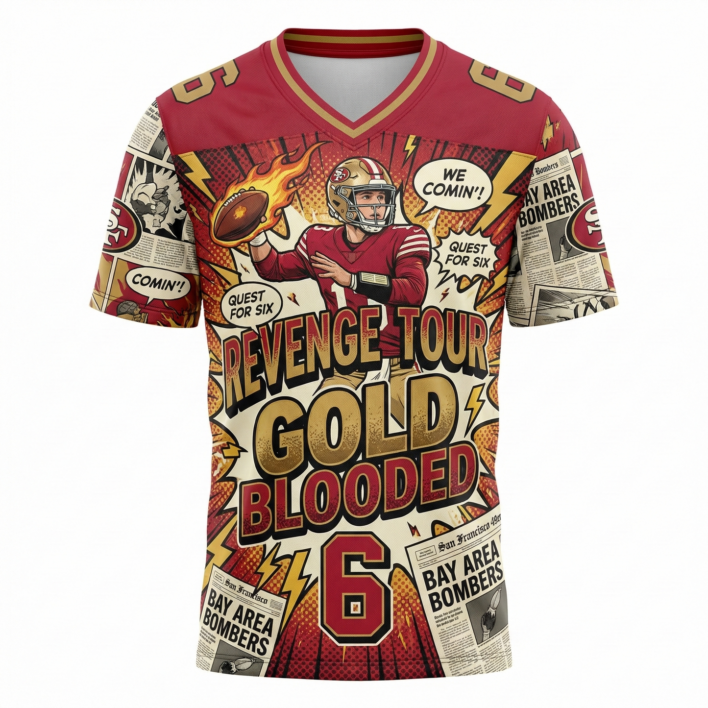 Vintage Bay Area Football Comic Vibe AOP Jersey - Gold & Crimson Streetwear