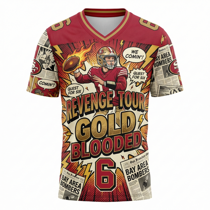 Vintage Bay Area Football Comic Vibe AOP Jersey - Gold & Crimson Streetwear