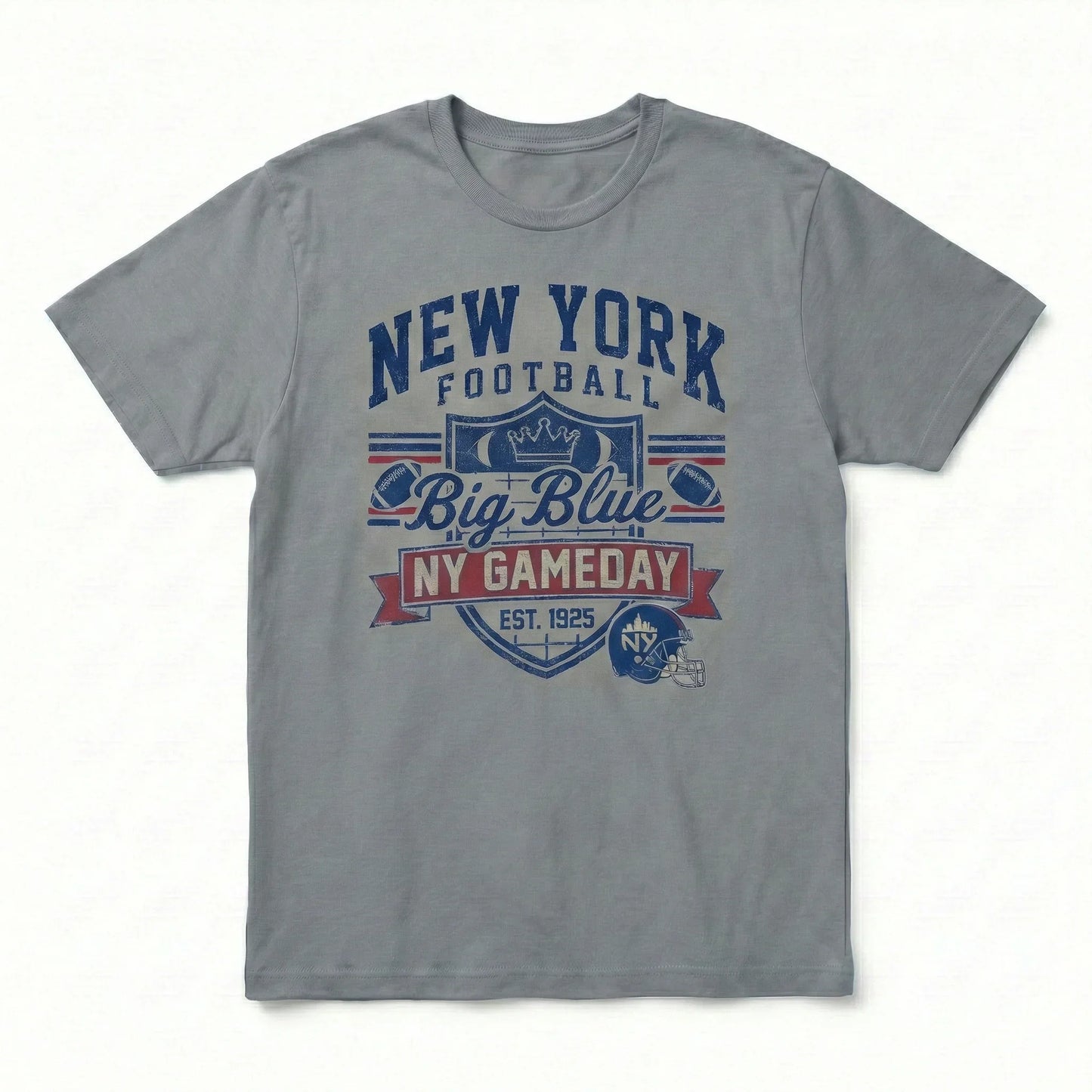 Gray New York football graphic t-shirt with Big Blue NY Gameday design and football helmet.