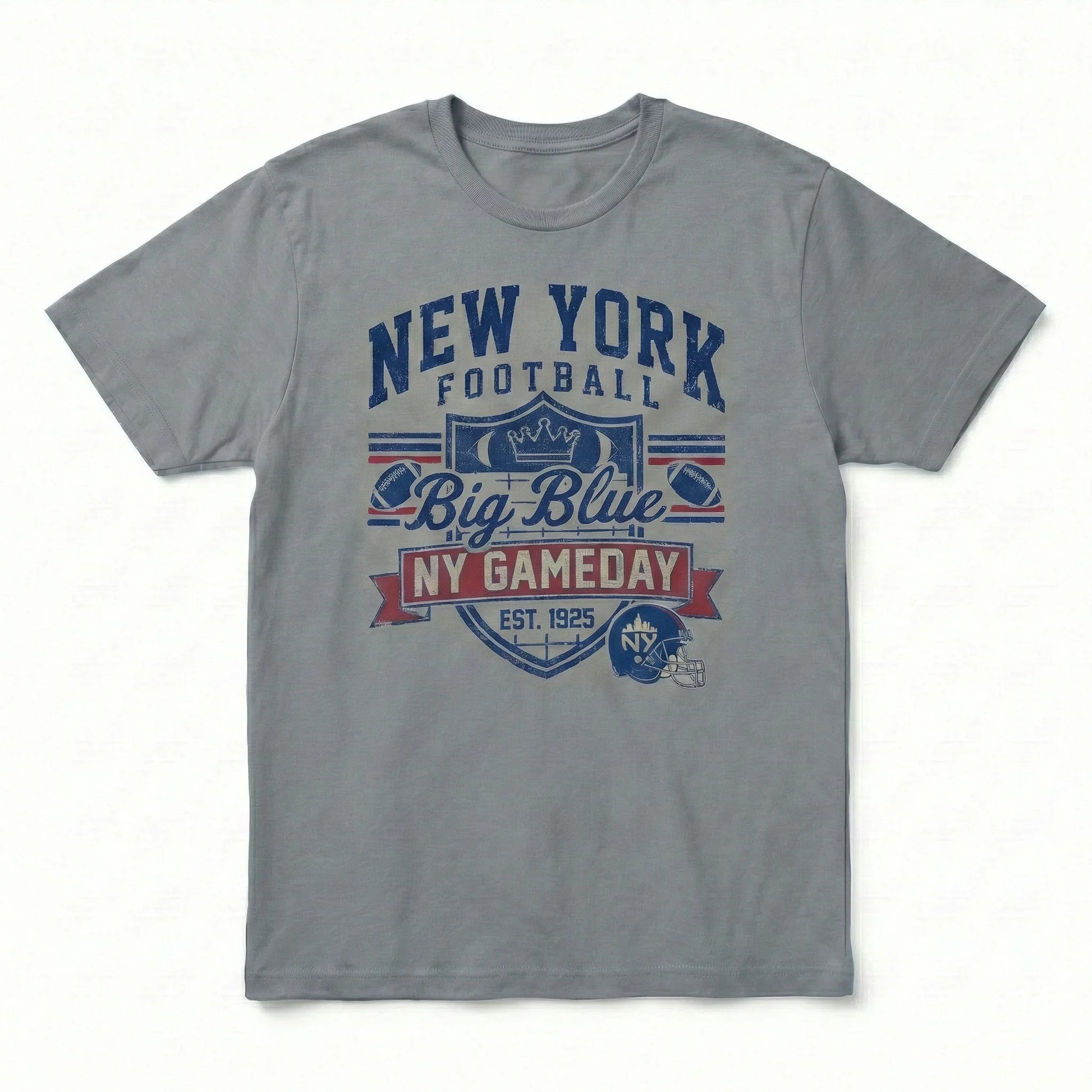 Gray New York football graphic t-shirt with Big Blue NY Gameday design and football helmet.