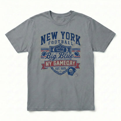 Gray New York football graphic t-shirt with Big Blue NY Gameday design and football helmet.