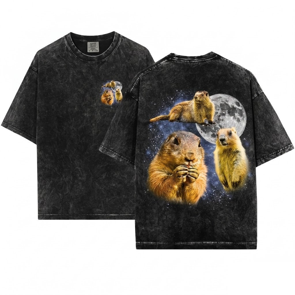 Three Prairie Dog Moon Vintage Retro Graphic Funny Animal Oversized Cute Rodent Gift Unisex Wash T-Shirt