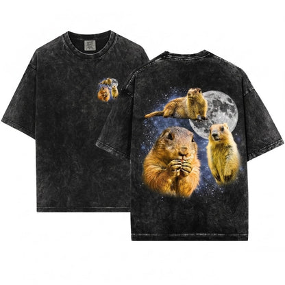 Three Prairie Dog Moon Vintage Retro Graphic Funny Animal Oversized Cute Rodent Gift Unisex Wash T-Shirt