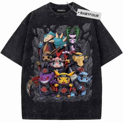 Gamer Squad Vintage Washed Graphic Tee - Retro Pocket Monster Akatsuki Inspired Unisex T-shirt