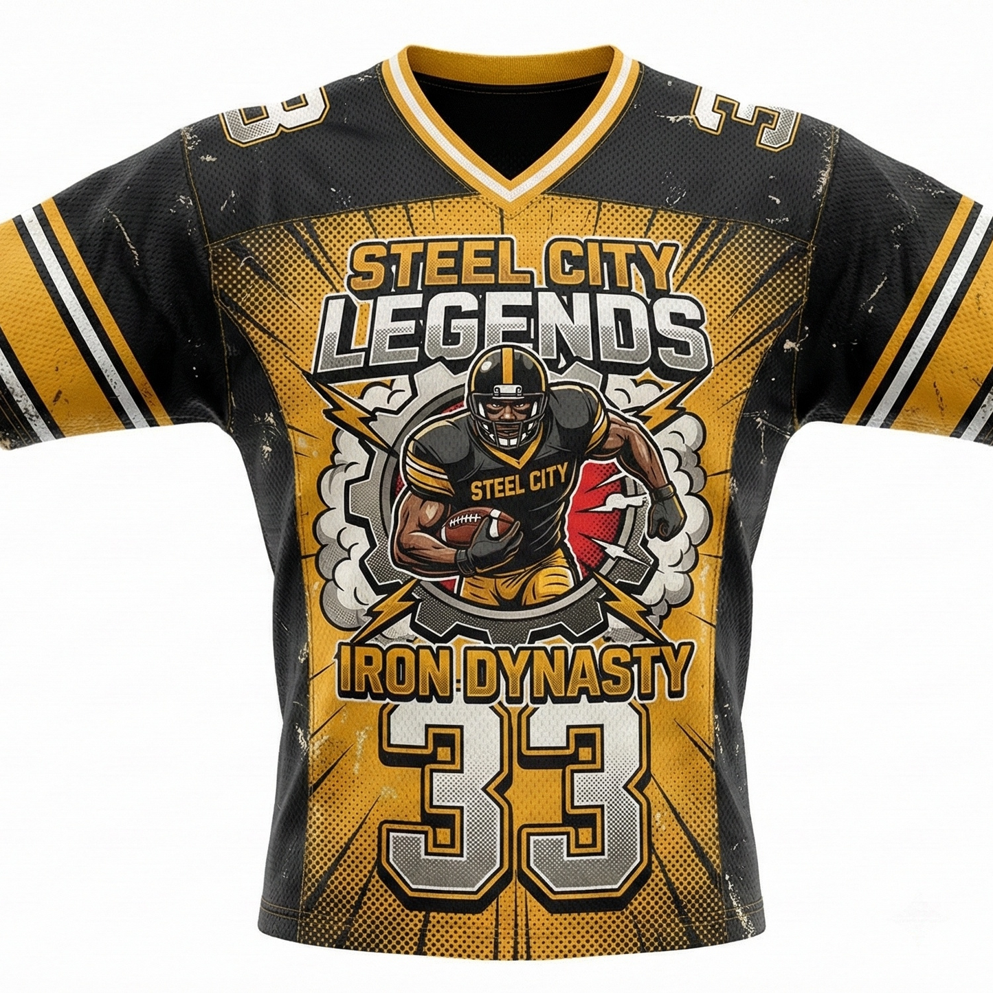 Vintage Steel City Black and Gold Comic Style Football Jersey - Iron City Gridiron Legend Heritage AOP Shirt