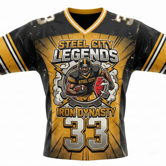 Vintage Steel City Black and Gold Comic Style Football Jersey - Iron City Gridiron Legend Heritage AOP Shirt