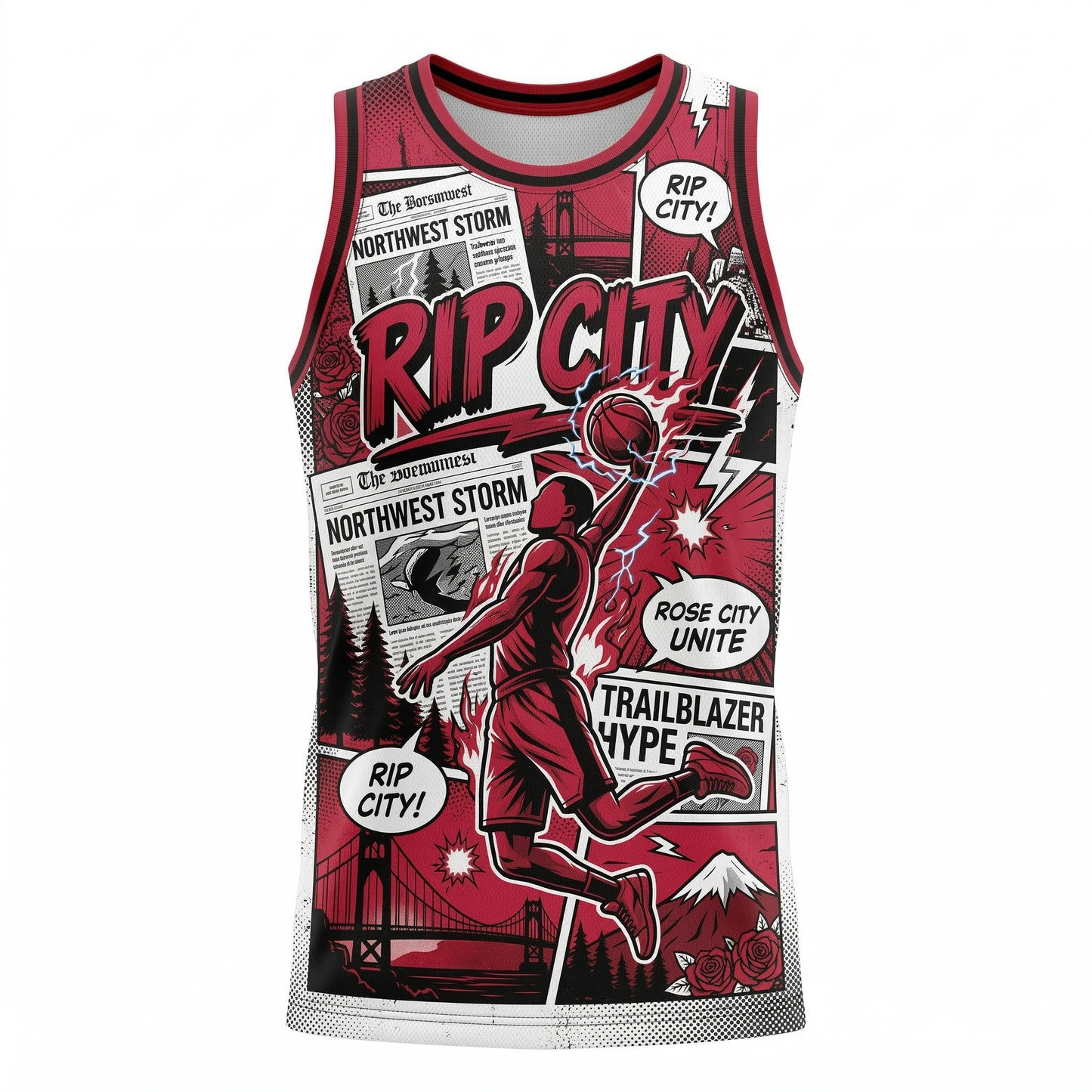 Rip City Retro Comic Book Basketball Jersey | Unisex All-Over Print Portland Hoops Tank Top | Red & Black Streetwear