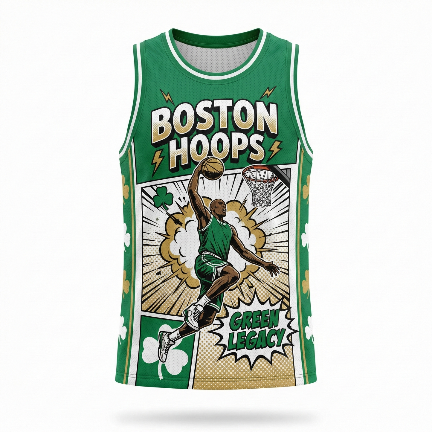 Vintage Boston Hoops "Green Legacy" Comic Art All-Over Print Basketball Jersey