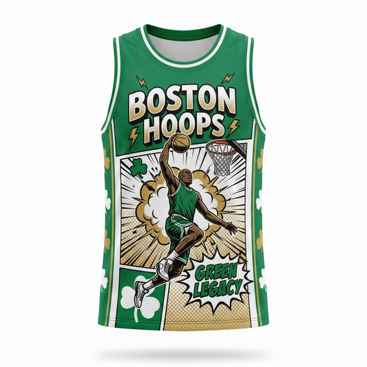 Vintage Boston Hoops "Green Legacy" Comic Art All-Over Print Basketball Jersey