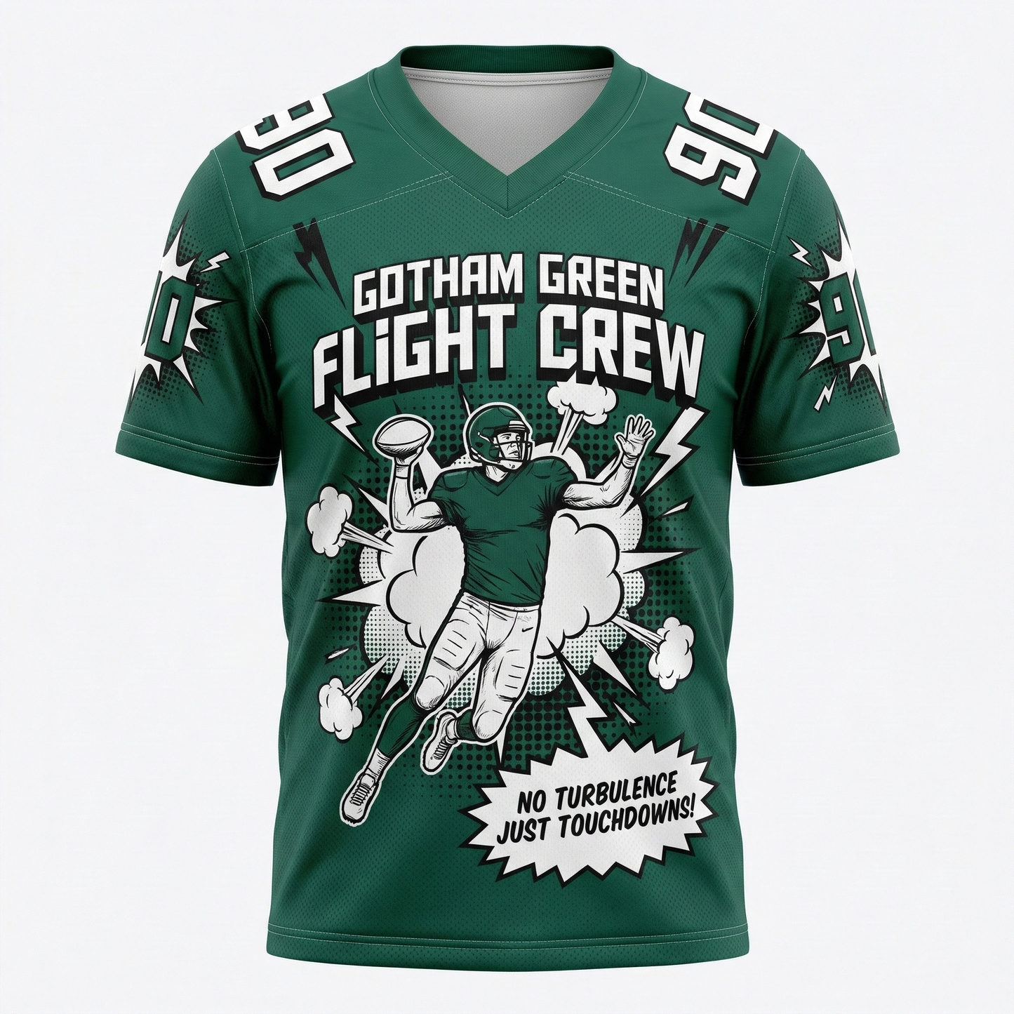 Men's Gotham Green Flight Crew Football Jersey - 90s Comic Bootleg Slogan AOP Shirt - Gridiron Action Graphic Jersey