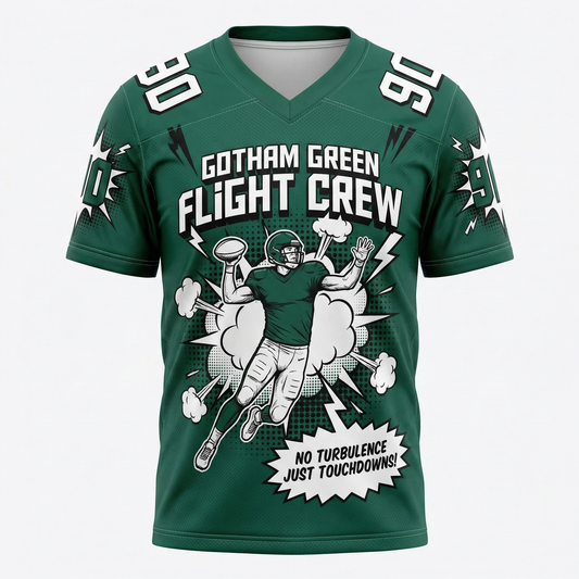 Men's Gotham Green Flight Crew Football Jersey - 90s Comic Bootleg Slogan AOP Shirt - Gridiron Action Graphic Jersey
