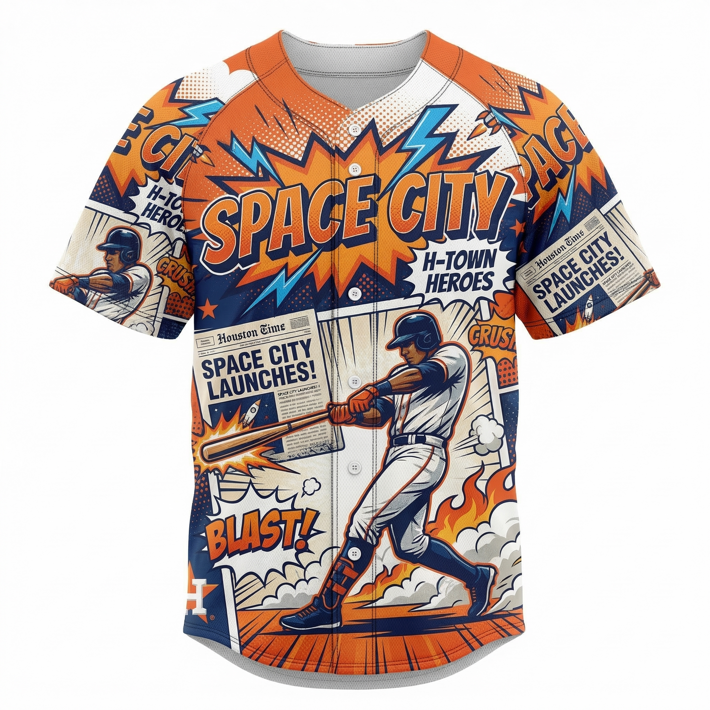 Unisex Space City Retro Baseball Jersey | H-Town 90s Comic Art Button-Up Shirt
