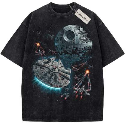 Biomechanical Space Monster vs Extraterrestrial Hunter Vintage Graphic T-Shirt  Unisex Retro Sci-Fi Horror Movie Tee