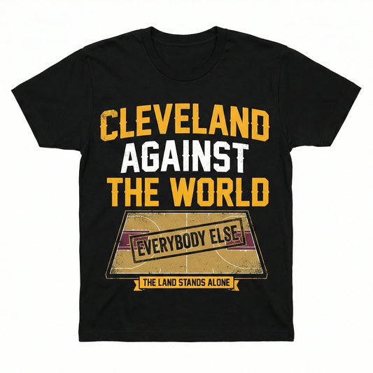 Black t-shirt with bold text 'Cleveland Against The World' and a graphic basketball court.