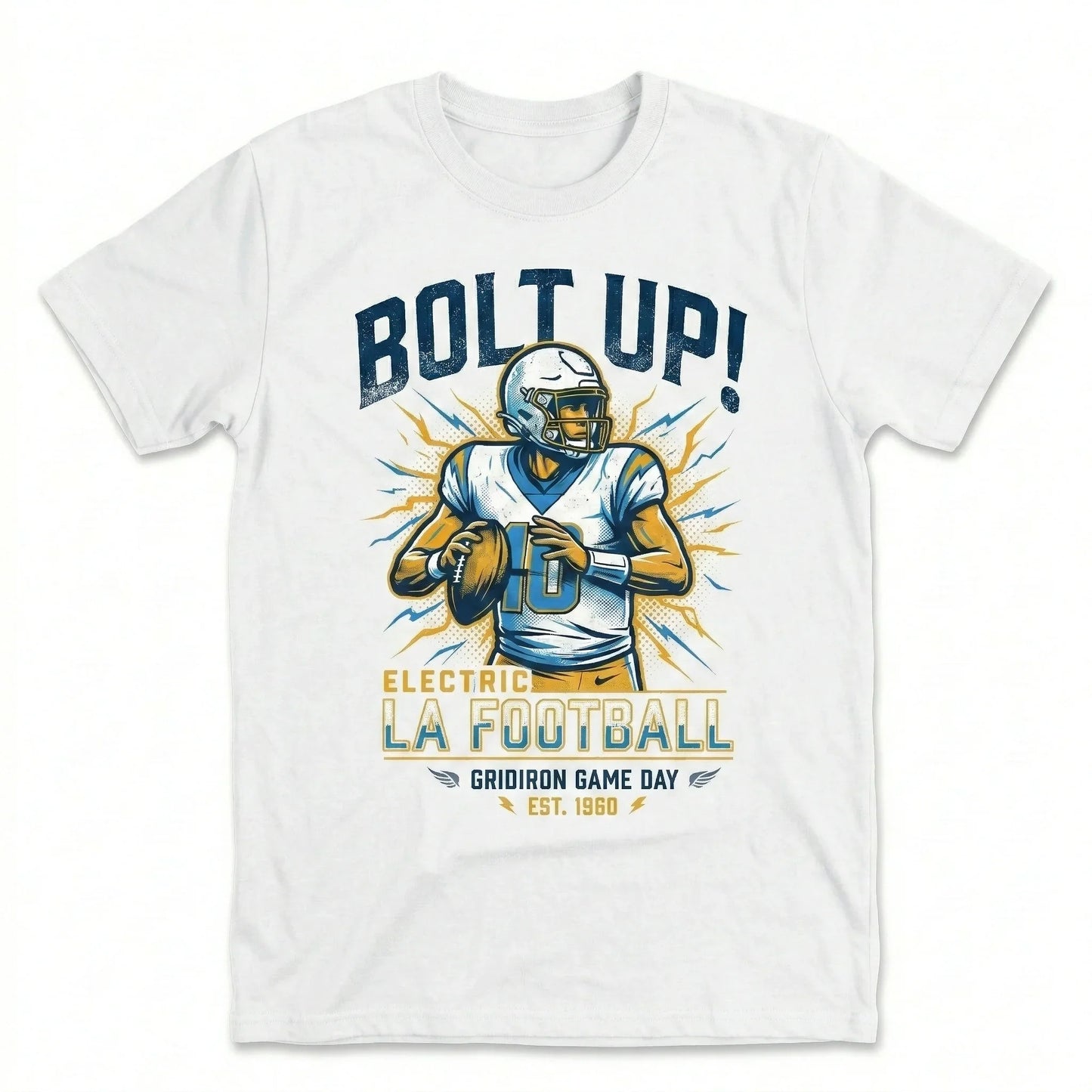 White t-shirt featuring a football player with helmet and the text 'Bolt Up! Electric LA Football'.